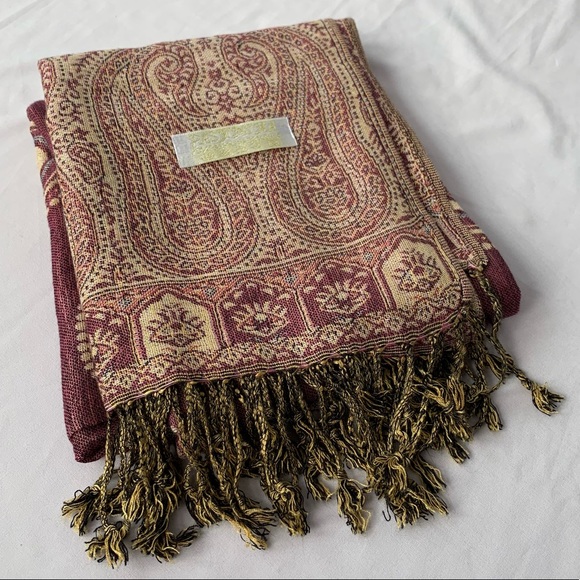 Pashmina Cashmere Silk Tan Burgundy Scarf - Picture 4 of 5